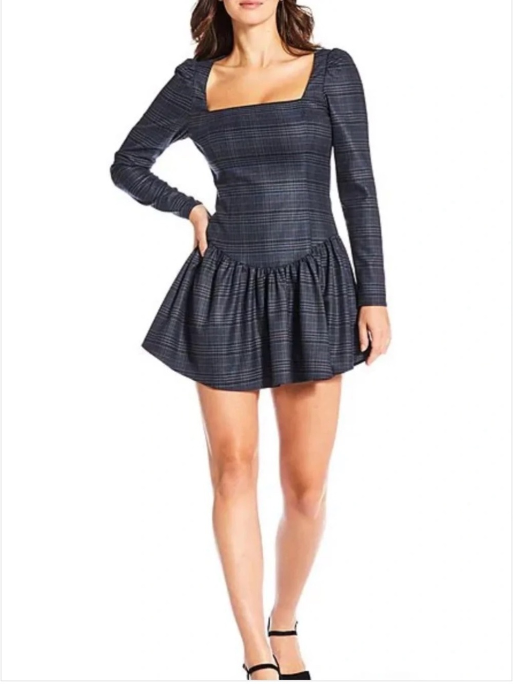 Gianni Bini Kendall Blue Black Plaid Puff Long Sleeve Mini Dress 8 New